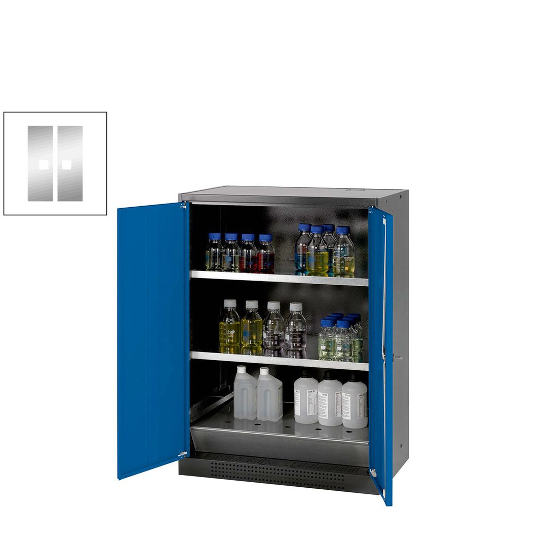 Chemikalienschrank - Flügeltüren, enzianblau - 2 Fachböden - 1.105 x 810 x 520 mm (HxBxT) - Stahl, pulverbeschichtet