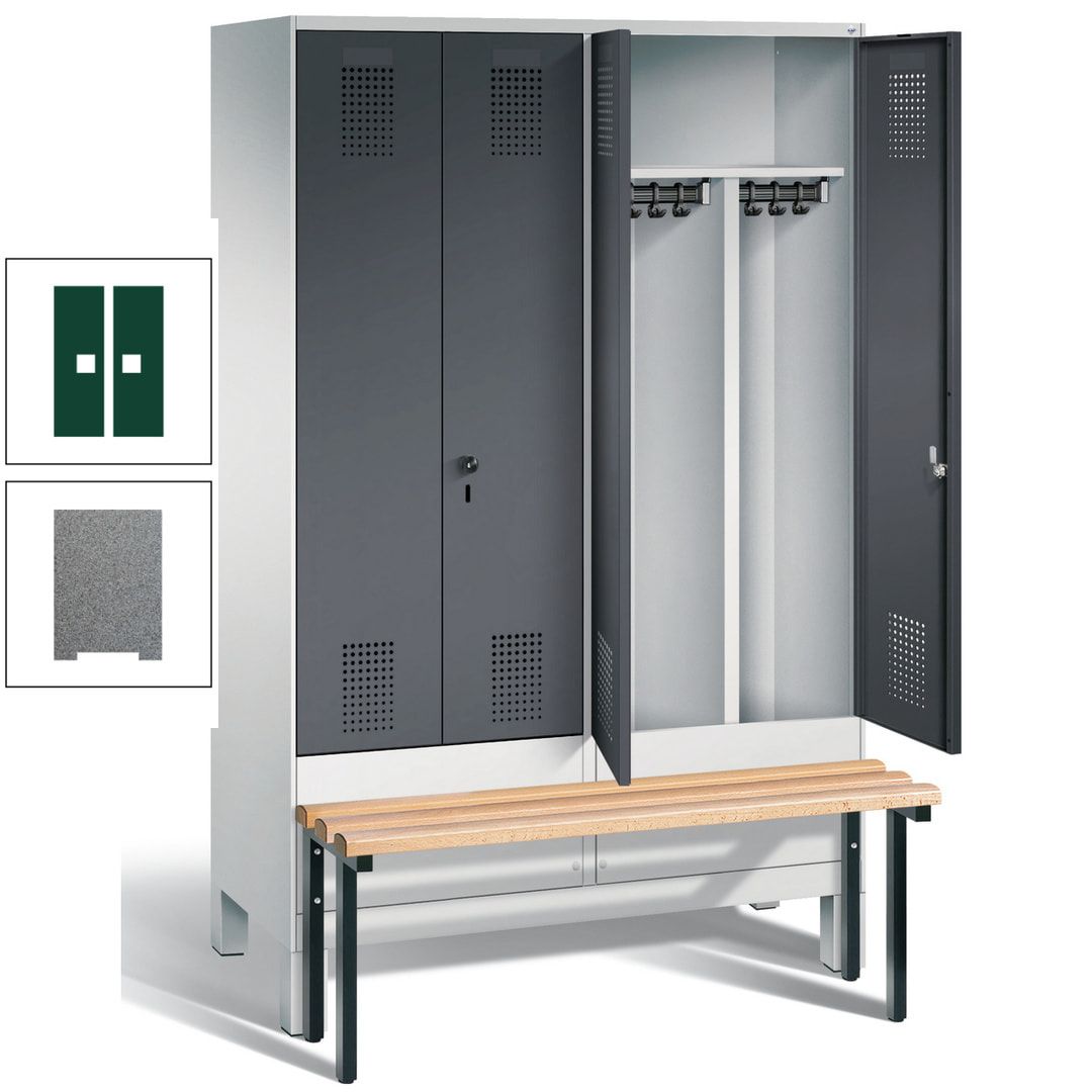 Doppel-Spind, Garderobenschrank, Buche Sitzbank vorgebaut, 4 Abteile a 300 mm, Korpus feuerrot, Tür Wasserblau, 1.850 x 1.200 x 815 mm (HxBxT)