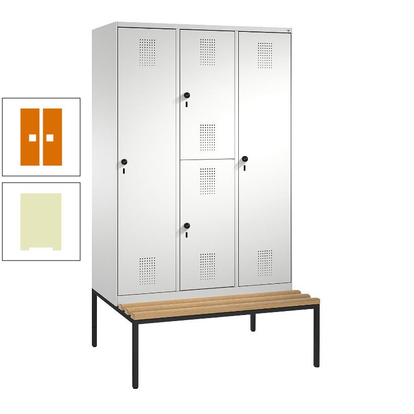 Garderobenschrank, Spind ein- und doppelstöckig Sitzbank, 3 Abteile, 4 Fächer, 2.090x1.200x500 mm (HxBxT), Front anthrazitgrau, Korpus anthrazitgrau