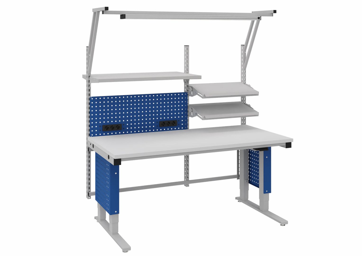 OTTOKIND Montagearbeitsplatz, elektrisch höhenverstellbar 730 - 1.230 mm, 1.685 x 700 mm (BxT), Tragkraft 500 kg, LED-Beleuchtung, ESD leitfähig