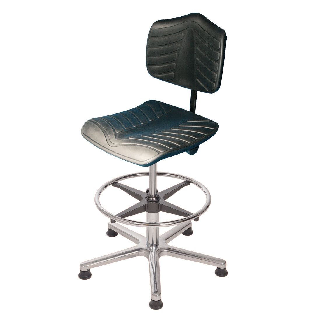 Arbeitsstuhl - ergonomische Polster - Fußring - Sitzhöhe 530-790 mm - PU supersoft, schwarz - Aluminium Fußkreuz - Gleiter