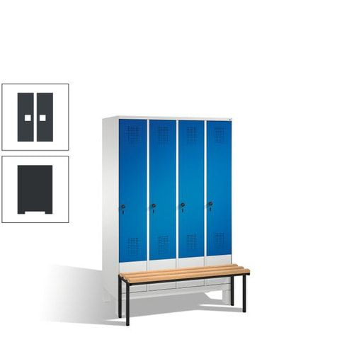 Stahl-Garderobenschrank, Spind, Buche Sitzbank vorgebaut, 4 Abteile a 300 mm, Korpus Lichtgrün, Tür Schwefelgelb, 1.850 x 1.200 x 815 mm (HxBxT)