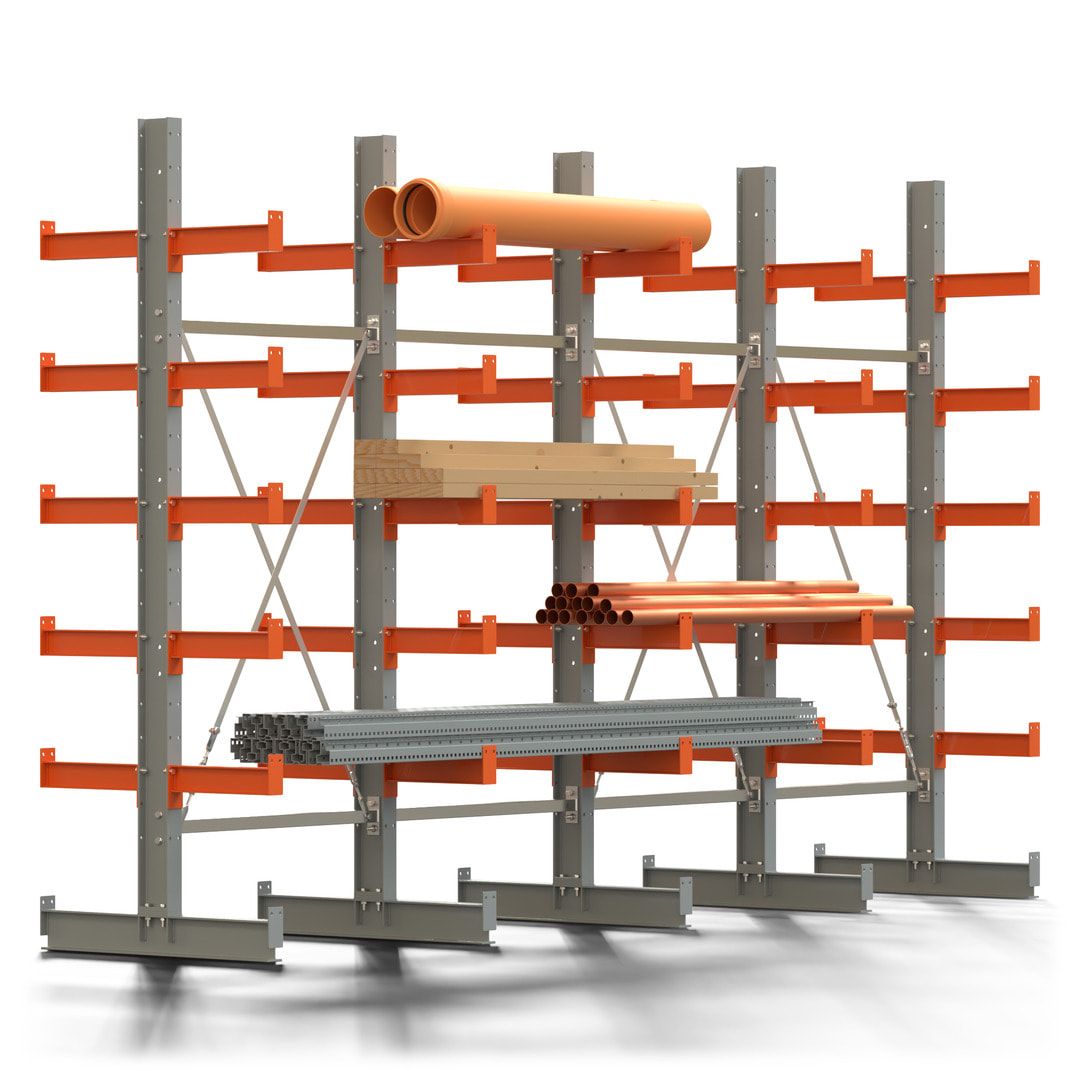 Doppelseitiges Kragarmregal, 2 Felder, 2.500 x 2.000 x 1.120 mm (HxBxT), Nutztiefe 500 mm, Kragarmlast 870 kg, KARL basic, silbergrau/reinorange