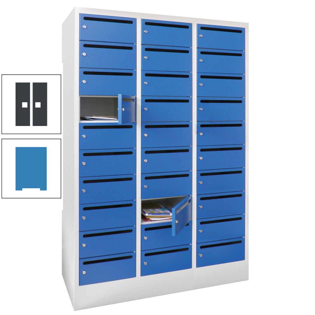Postverteilerschrank, Schließfachschrank, 3 Abteile a 300 mm, 30 Fächer, 1.850 x 900 x 500 mm (HxBxT), Korpus anthrazitgrau, Front anthrazitgrau