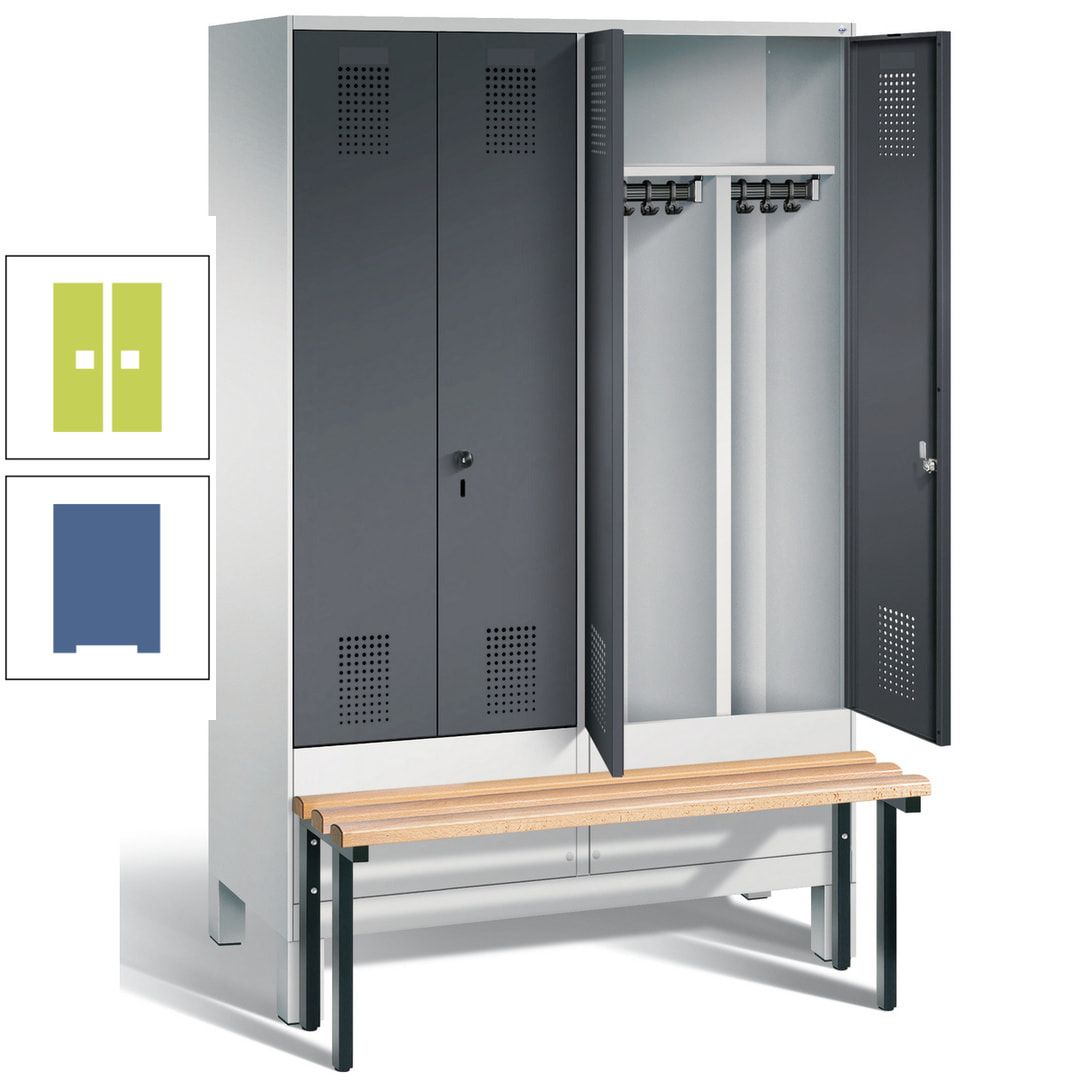 Doppel-Spind, Garderobenschrank, Buche Sitzbank vorgebaut, 4 Abteile a 300 mm, Korpus feuerrot, Tür Wasserblau, 1.850 x 1.200 x 815 mm (HxBxT)