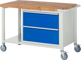 Mobile Werkbank mit Ablage - 2 XL Schubladen - Teilauszug - 270:2 - 880 x 1.250 x 700 mm (HxBxT) - 450 kg - Buche - Farbe wählbar