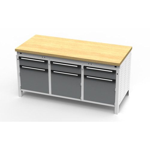 OTTOKIND Werkbank - bündige Arbeitsplatte - 850 x 1.695 x 750 mm (HxBxT) - 3 Schubladen - 3 Schränke - lichtgrau