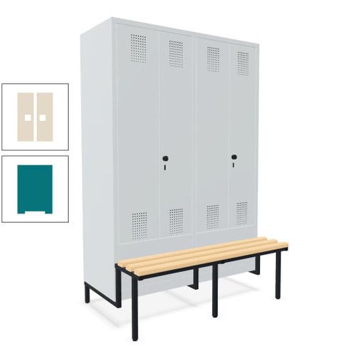 Doppel-Spind, Garderobenschrank, Buche Sitzbank integriert, 4 Abteile 300 mm, Korpus anthrazitgrau, Tür anthrazitgrau, 1.850 x 1.200 x 815 mm (HxBxT)