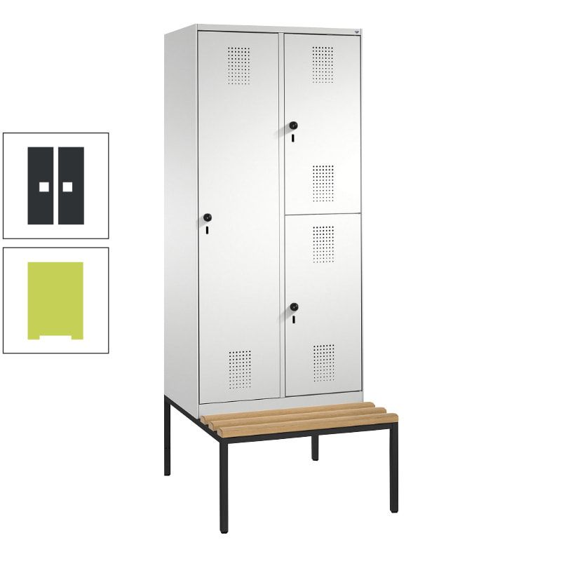 Garderobenschrank, Spind ein- und doppelstöckig Sitzbank, 2 Abteile, 3 Fächer, 2.090 x 800 x 500 mm (HxBxT), Front anthrazitgrau, Korpus anthrazitgrau