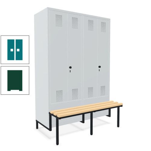 Doppel-Spind, Garderobenschrank, Buche Sitzbank integriert, 4 Abteile 300 mm, Korpus anthrazitgrau, Tür anthrazitgrau, 1.850 x 1.200 x 815 mm (HxBxT)