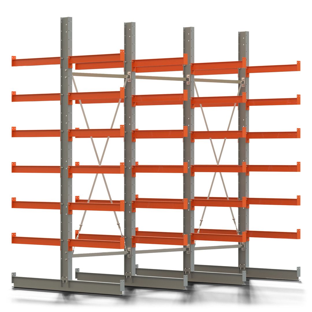 Doppelseitiges Kragarmregal, 2 Felder, 3.000 x 2.000 x 1.120 mm (HxBxT), Nutztiefe 500 mm, Kragarmlast 870 kg, KARL basic, silbergrau/reinorange