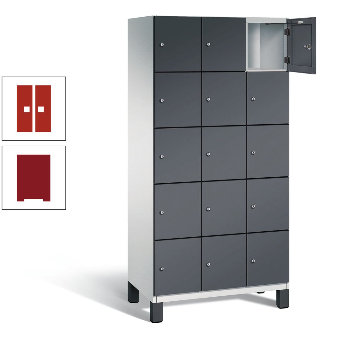 Fächerschrank, Stahlschrank, 15 Fächer, Türöffnungsbegrenzer, Füße, 1.980 x 900 x 525 mm (HxBxT), Korpus anthrazitgrau, Front anthrazitgrau