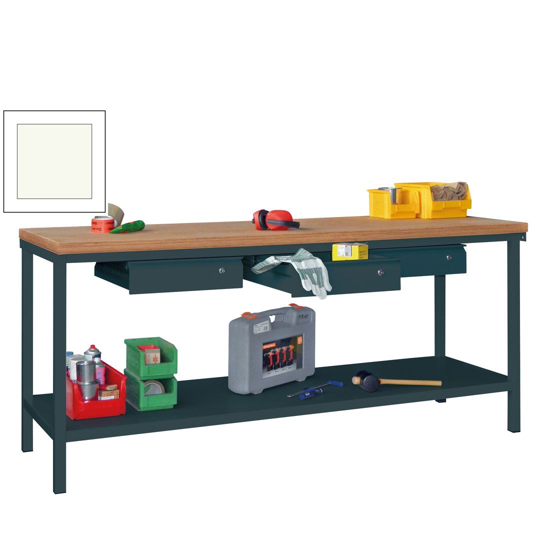 Werkbank mit Ablageboden - 3 Schubladen - 900 x 2.000 x 700 mm (HxBxT) - anthrazitgrau
