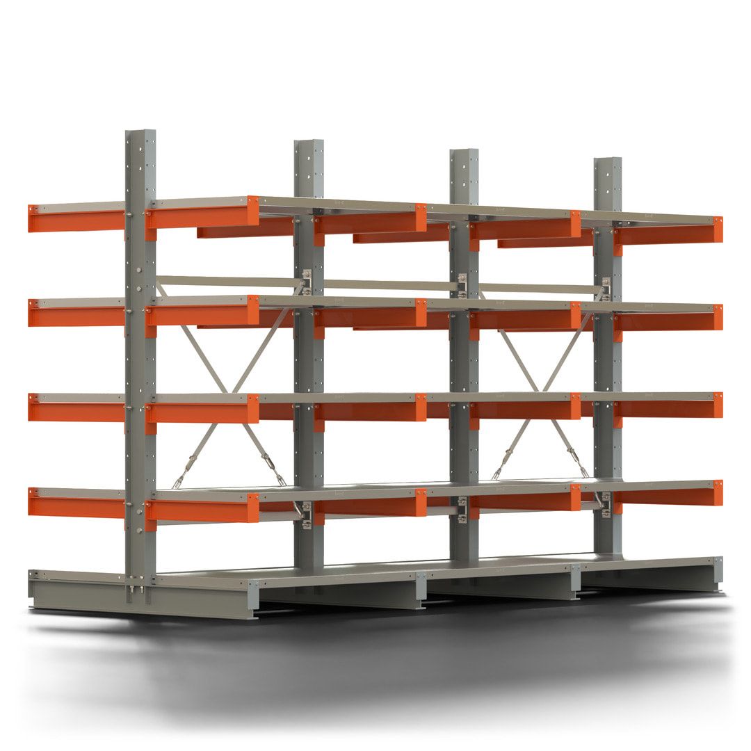 Doppelseitiges Kragarmregal mit Fachböden, 2 Felder, 2.000 x 2.000 (HxB), Nutztiefe 1.000 mm, Kragarmlast 450 kg, KARL basic, silbergrau/reinorange