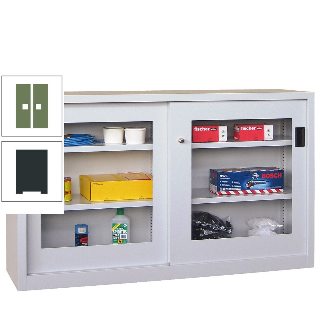 Schiebetürenschrank - Sichtfenstertüren - 1.000x1.500x600 mm (HxBxT) - 4 Böden, verzinkt - Zylinderschloss - anthrazitgrau