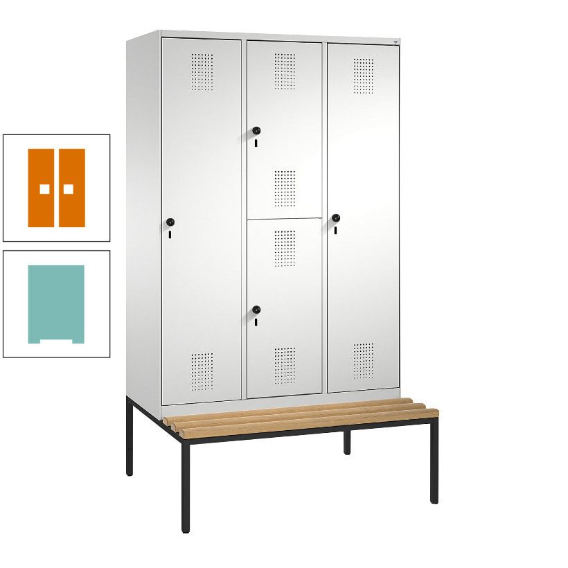 Garderobenschrank, Spind ein- und doppelstöckig Sitzbank, 3 Abteile, 4 Fächer, 2.090x1.200x500 mm (HxBxT), Front anthrazitgrau, Korpus anthrazitgrau