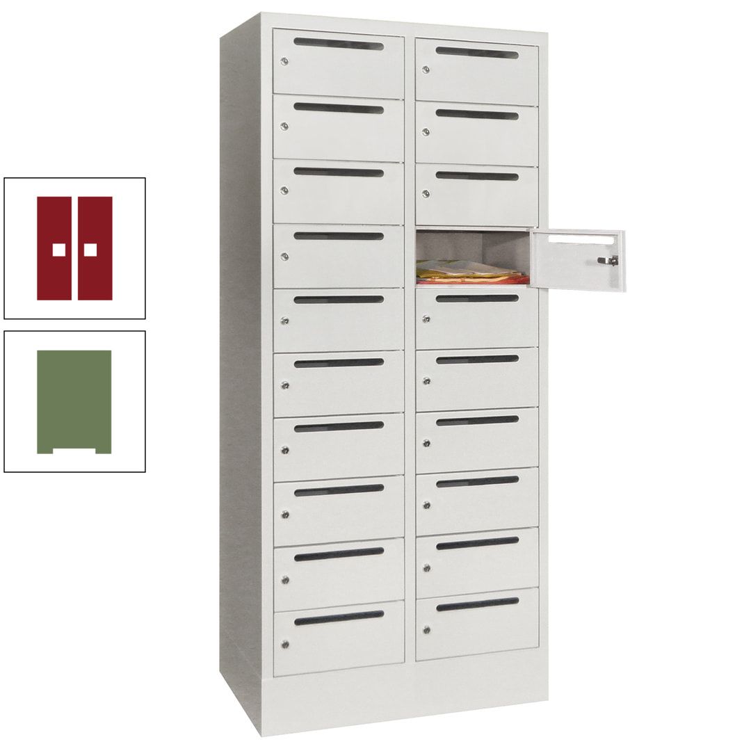 Postverteilerschrank, Schließfachschrank, 2 Abteile a 400 mm, 20 Fächer, 1.850 x 800 x 500 mm (HxBxT), Korpus anthrazitgrau, Front anthrazitgrau