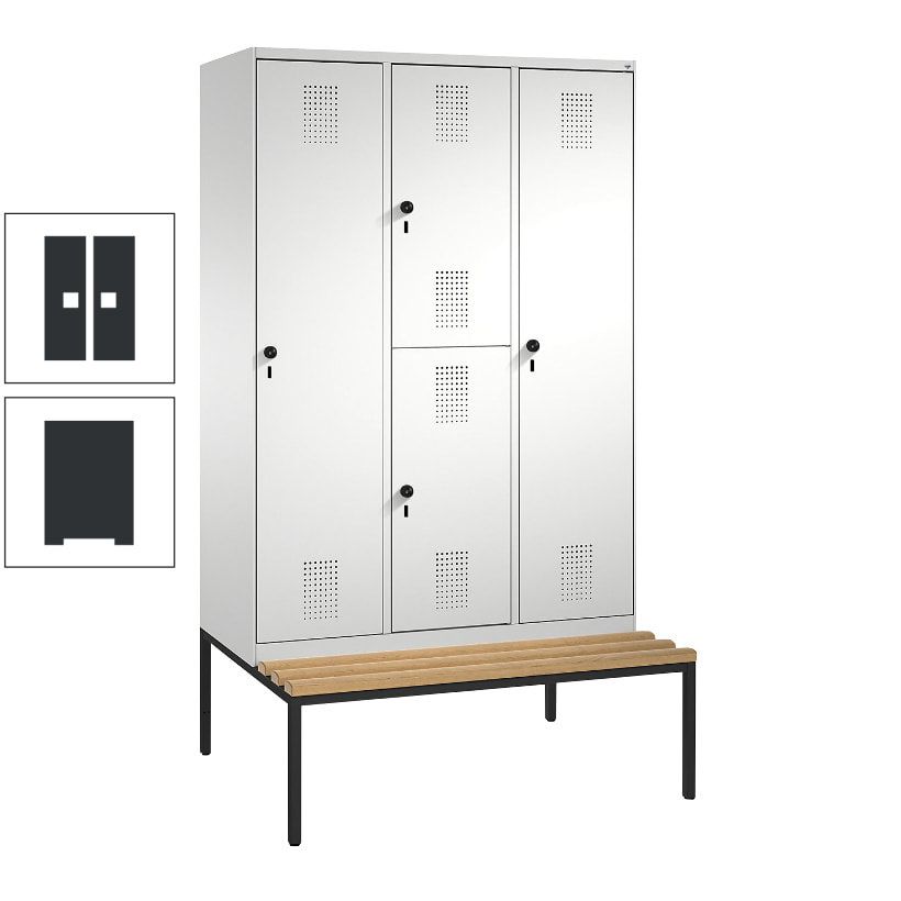 Garderobenschrank, Spind ein- und doppelstöckig Sitzbank, 3 Abteile, 4 Fächer, 2.090x1.200x500 mm (HxBxT), Front anthrazitgrau, Korpus anthrazitgrau