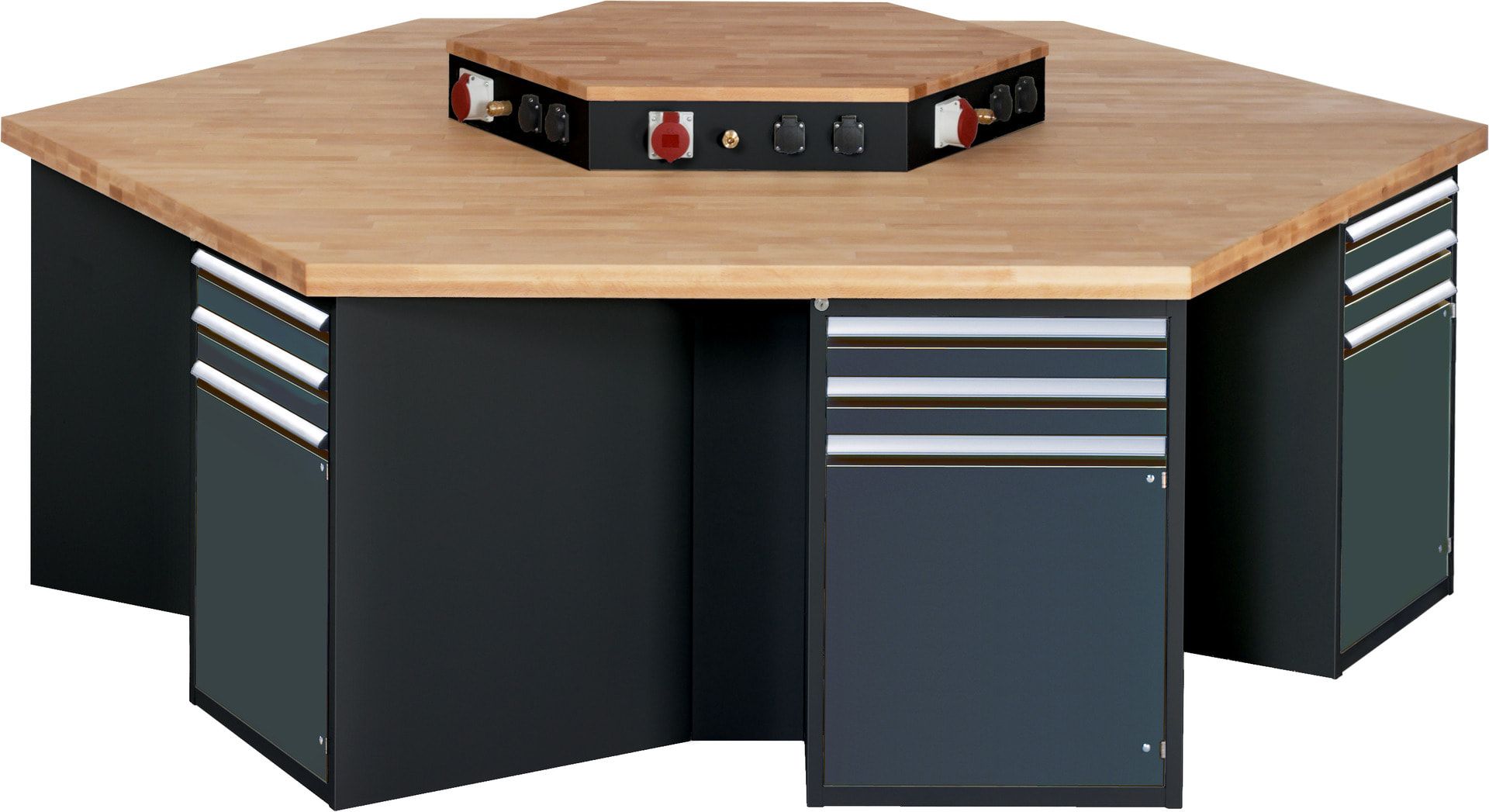 Gruppenwerkbank, Buche, Höhe 840 mm, mit Energieaufsatz, Unterbau-Container, 2 Schubladen, 1 Tür, 1 Boden - Anthrazitgrau