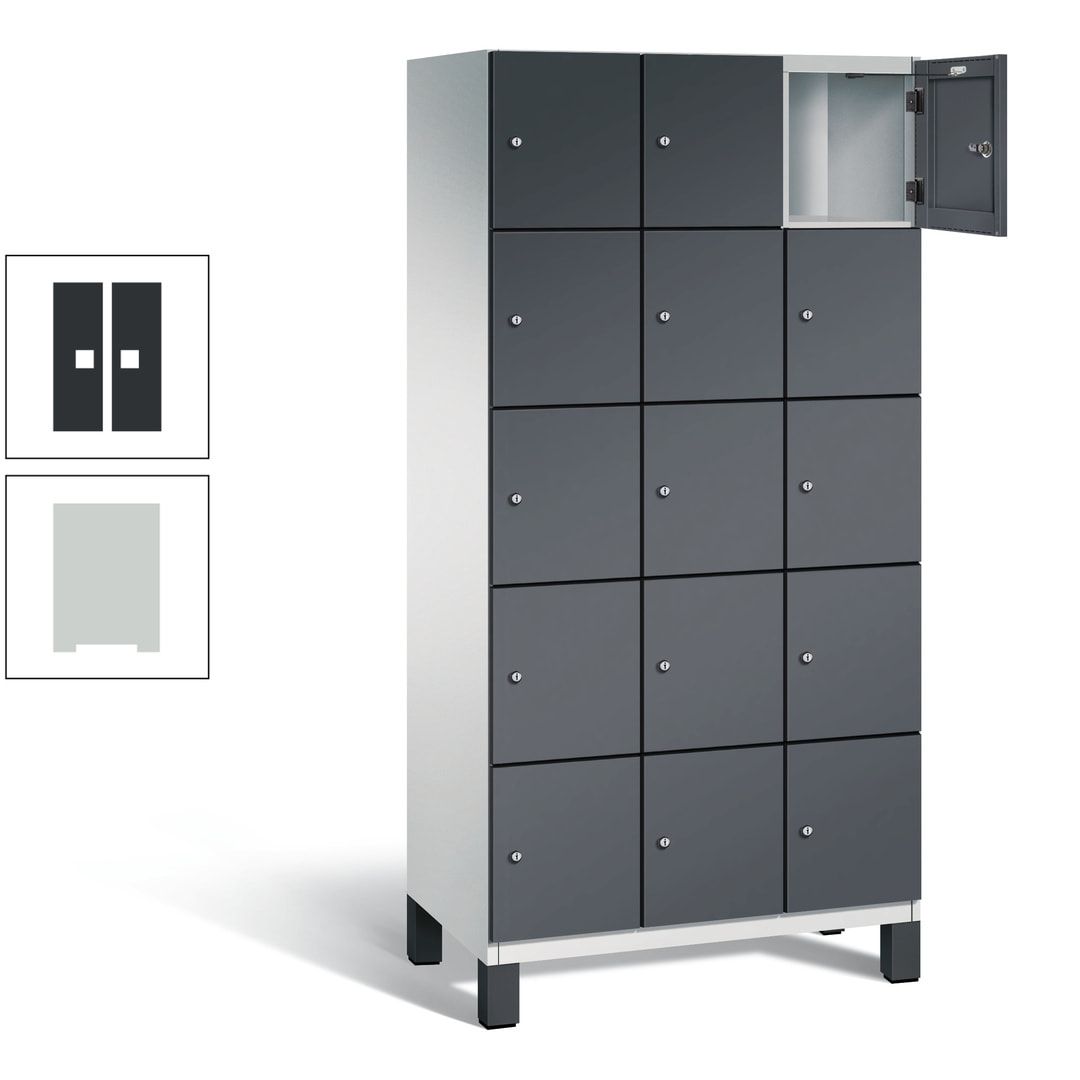 Fächerschrank, Stahlschrank, 15 Fächer, Türöffnungsbegrenzer, Füße, 1.980 x 900 x 525 mm (HxBxT), Korpus anthrazitgrau, Front anthrazitgrau