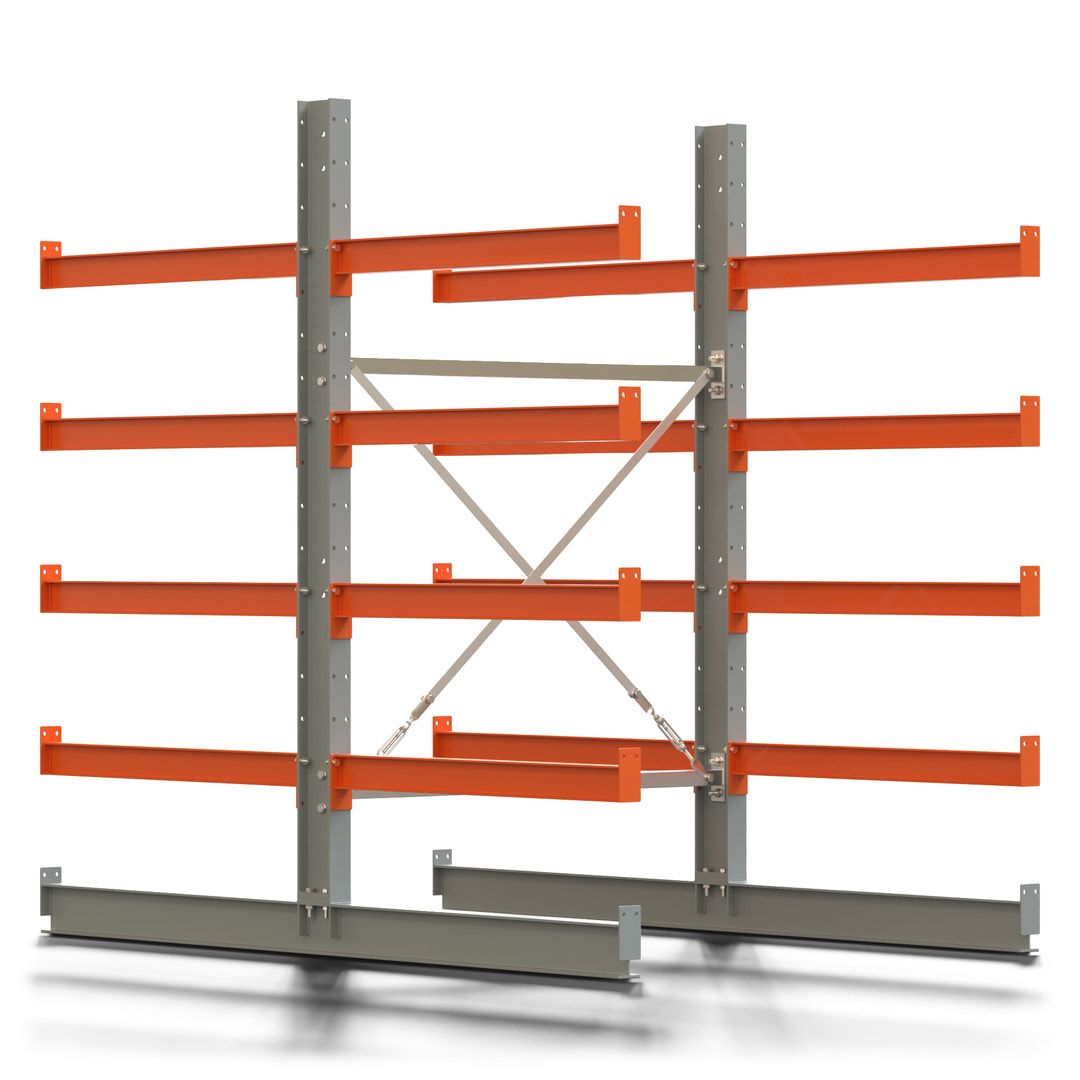 Doppelseitiges Kragarmregal, Anbauregal, 2.000 x 1.280 x 1.120 mm (HxBxT), Nutztiefe 500 mm, Kragarmlast 870 kg, KARL basic, silbergrau/reinorange