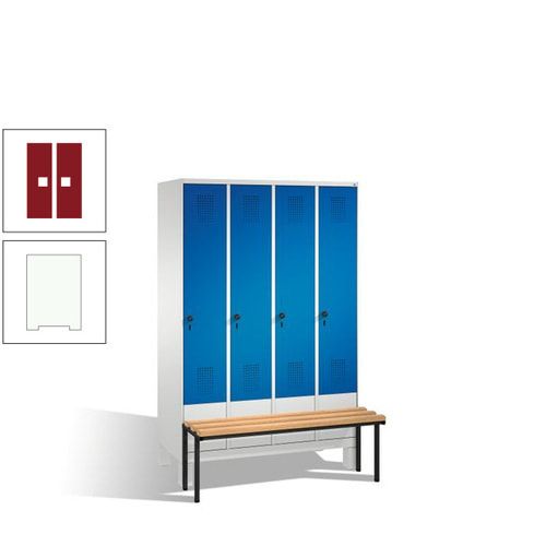 Stahl-Garderobenschrank, Spind, Buche Sitzbank vorgebaut, 4 Abteile a 300 mm, Korpus Lichtgrün, Tür Schwefelgelb, 1.850 x 1.200 x 815 mm (HxBxT)