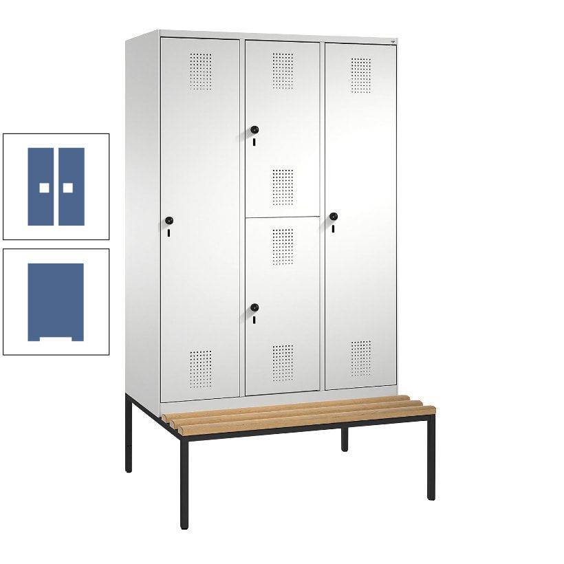 Garderobenschrank, Spind ein- und doppelstöckig Sitzbank, 3 Abteile, 4 Fächer, 2.090x1.200x500 mm (HxBxT), Front anthrazitgrau, Korpus anthrazitgrau