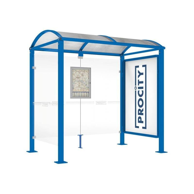Buswartehalle, Unterstand, 1 Seitenwand, Schaukasten, feuerverzinkt, 2.500 x 2.500 x 1.600 mm (HxBxT), ESG, Fahrplanschaukasten, Farbe enzianblau