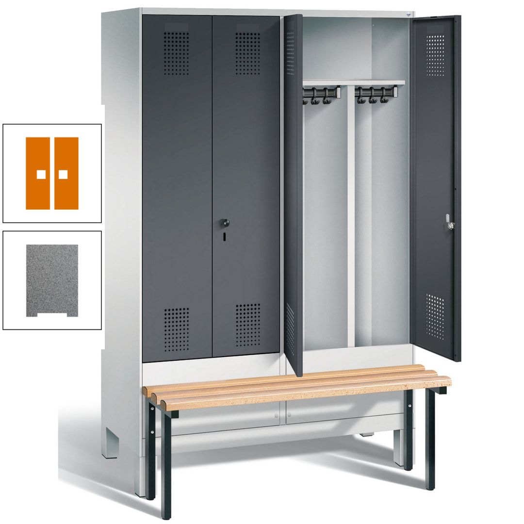 Doppel-Spind, Garderobenschrank, Buche Sitzbank vorgebaut, 4 Abteile a 300 mm, Korpus feuerrot, Tür Wasserblau, 1.850 x 1.200 x 815 mm (HxBxT)