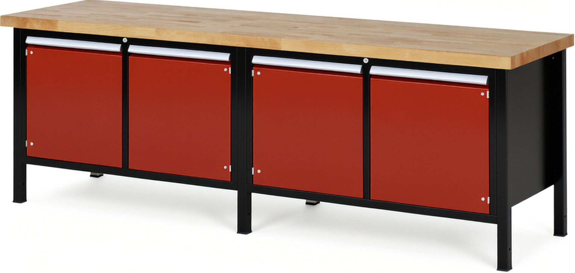Werkbank mit 4 Schränken - höhenverstellbar 840-1.040 mm - 2.500 x 700 mm (BxT) - Traglast 1.250 kg - Buche - Anthrazitgrau