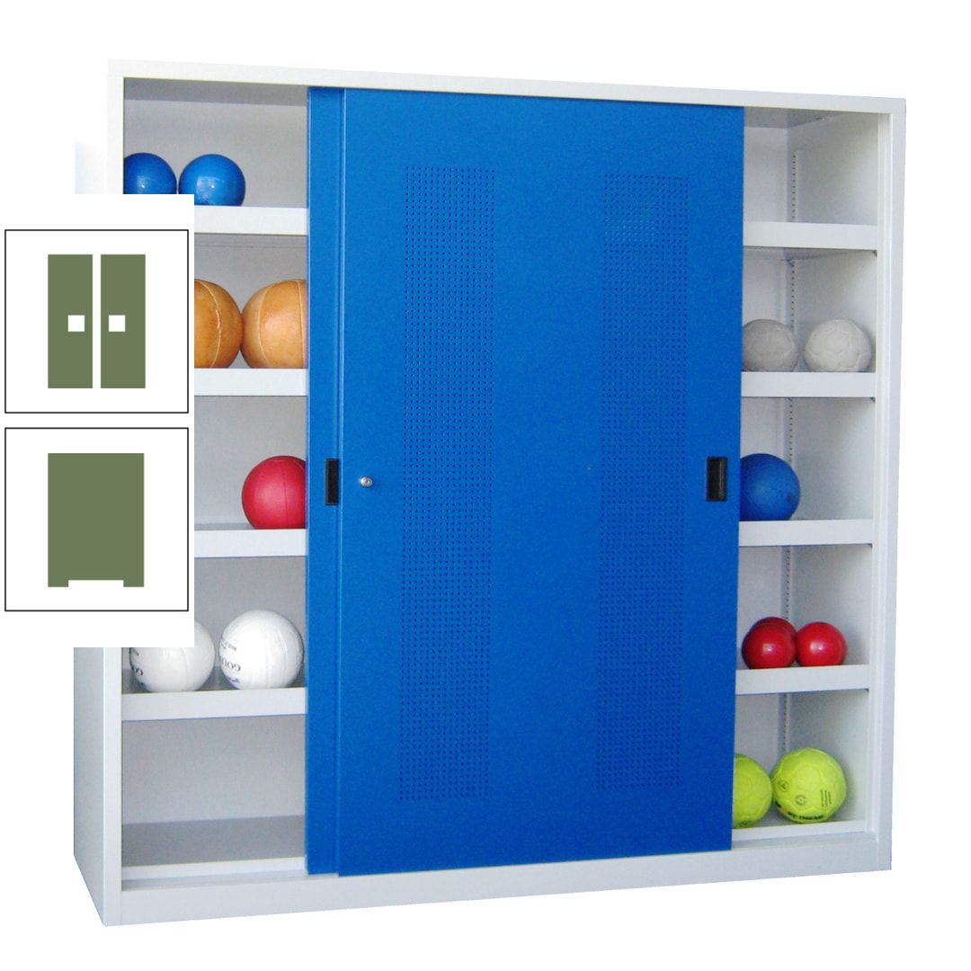 Ballschrank - Schiebetüren mit Lochfeld - Trennwand - 8 Böden - 1.950x2.000x600 mm (HxBxT) - anthrazitgrau