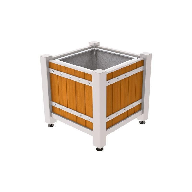 Pflanzbehälter, Pflanzgefäß, verzinkt, Eichenholzverkleidung, innen feuerverzinkt mit Verladungsgriffen , 855 x 880 x 880 mm(HxBxT), enzianblau