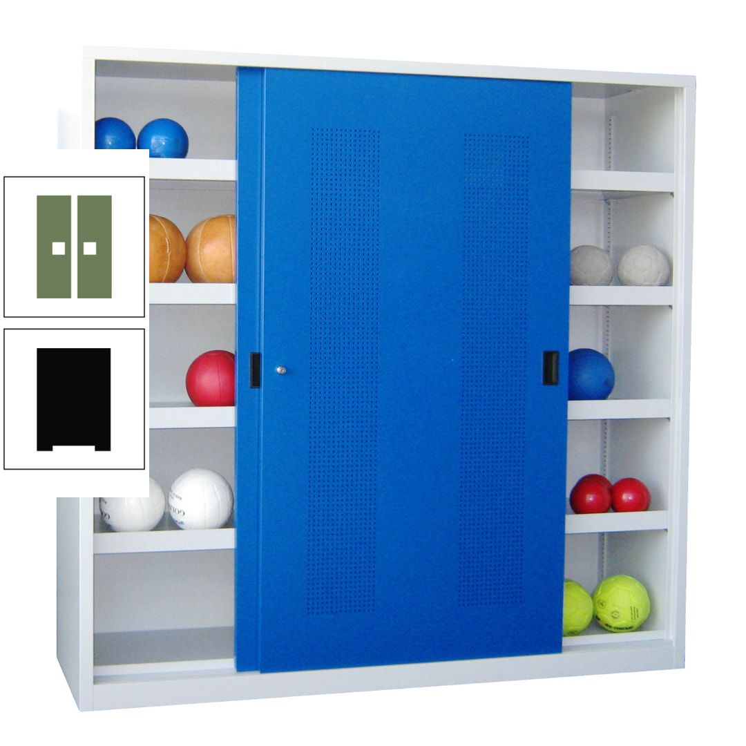 Ballschrank - Schiebetüren mit Lochfeld - Trennwand - 8 Böden - 1.950x2.000x600 mm (HxBxT) - anthrazitgrau