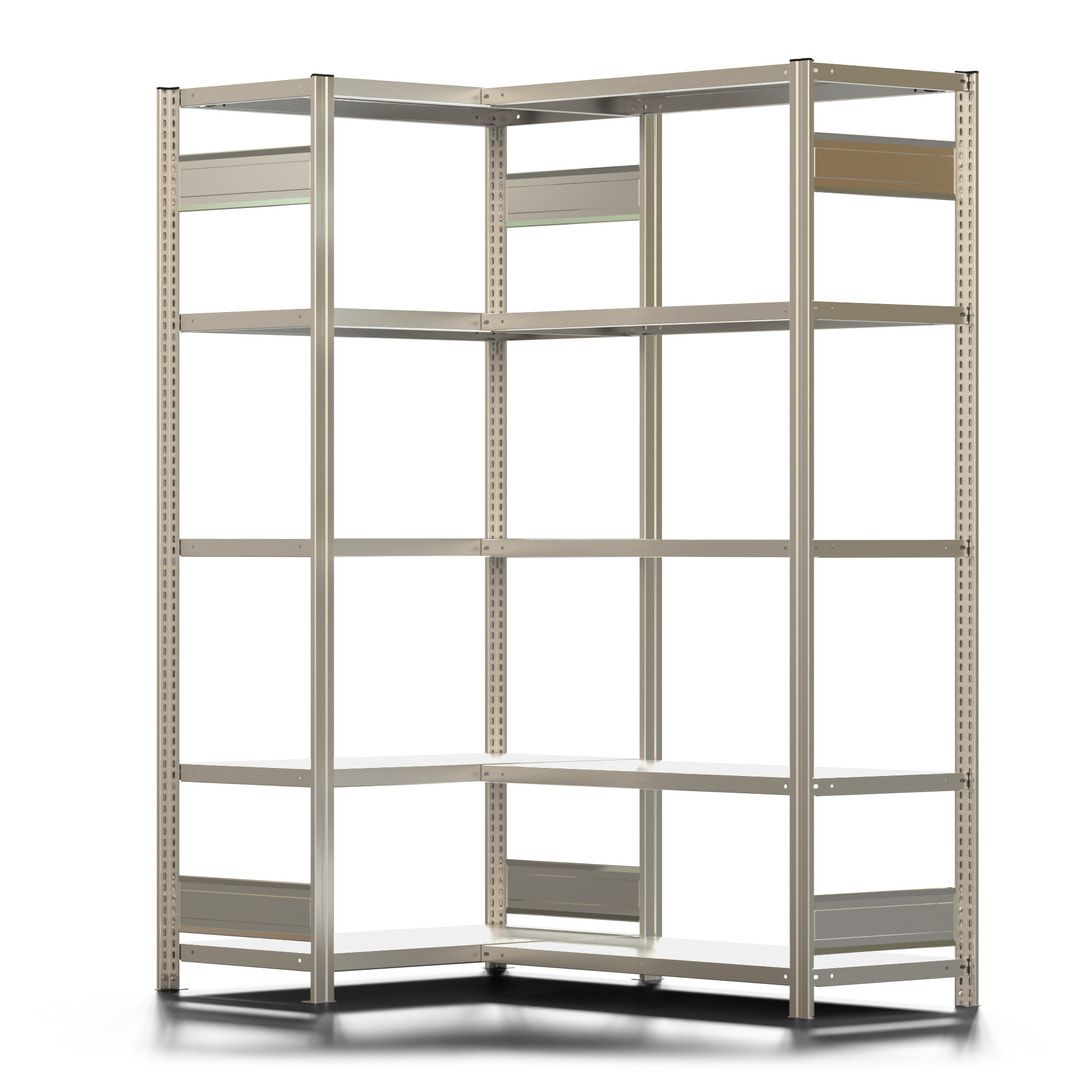Eckregal mit 5 Stahlfachböden - 150 kg - 2.000 x 1.331 x 1.061 mm (HxBxT) - verzinkt - Fachbodenregal - BERT