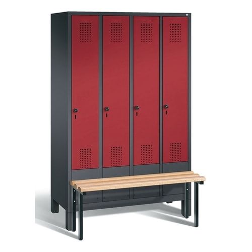 Stahl-Garderobenschrank, Spind, Buche Sitzbank vorgebaut, 4 Abteile a 300 mm, Korpus Lichtgrün, Tür Schwefelgelb, 1.850 x 1.200 x 815 mm (HxBxT)
