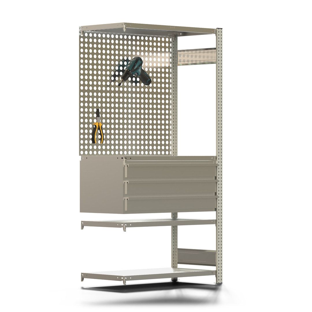 Fachbodenregal mit Lochwand - 150 kg - 4 Fachböden - 3 Schubladen - 2.000 x 1.005 x 500 mm (HxBxT) - Anbauregal - verzinkt
