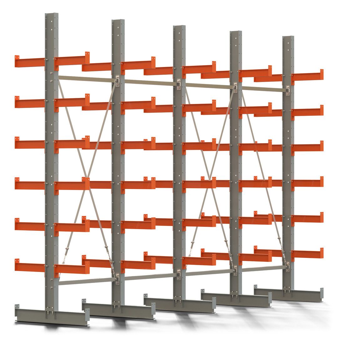 Doppelseitiges Kragarmregal, 2 Felder, 3.000 x 2.000 x 1.120 mm (HxBxT), Nutztiefe 500 mm, Kragarmlast 870 kg, KARL basic, silbergrau/reinorange