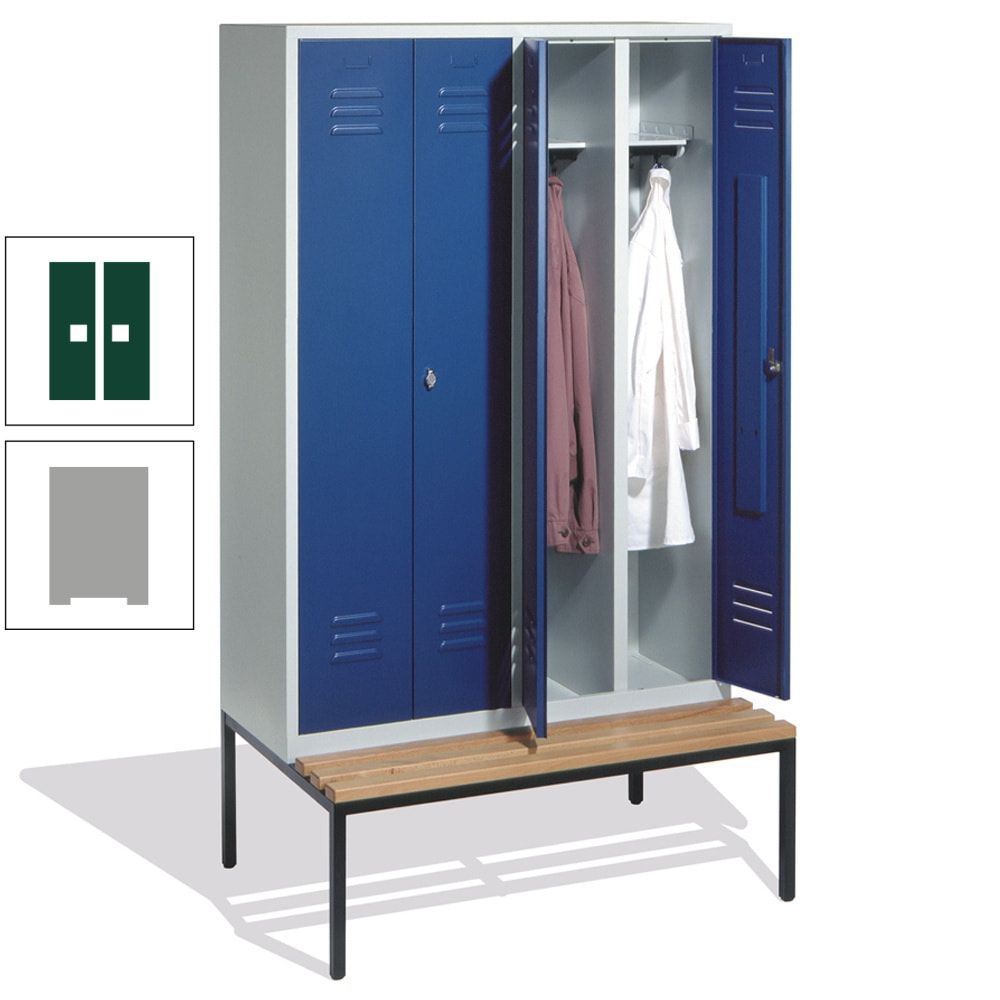 Doppel-Spindschrank, Buche Sitzbank untergebaut, 4 Abteile a 300 mm, Korpus lichtgrau, Tür anthrazitgrau, 2.090 x 1.190 x 815 mm (HxBxT)