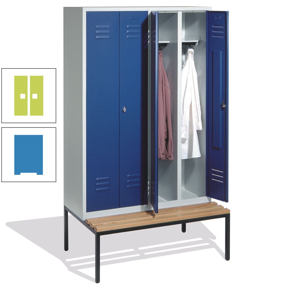Doppel-Spindschrank, Buche Sitzbank untergebaut, 4 Abteile a 300 mm, Korpus lichtgrau, Tür anthrazitgrau, 2.090 x 1.190 x 815 mm (HxBxT)