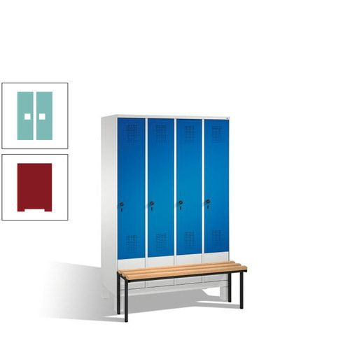 Stahl-Garderobenschrank, Spind, Buche Sitzbank vorgebaut, 4 Abteile a 300 mm, Korpus Lichtgrün, Tür Schwefelgelb, 1.850 x 1.200 x 815 mm (HxBxT)