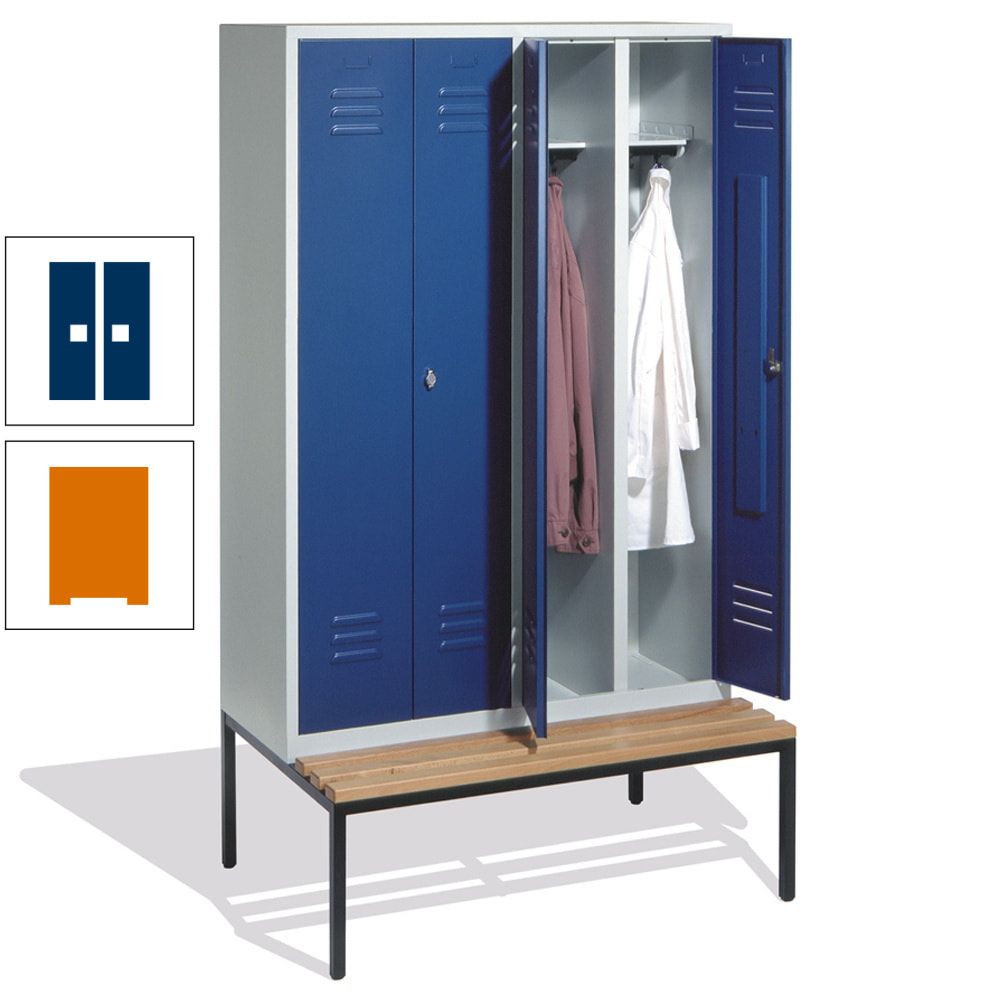 Doppel-Spindschrank, Buche Sitzbank untergebaut, 4 Abteile a 300 mm, Korpus lichtgrau, Tür anthrazitgrau, 2.090 x 1.190 x 815 mm (HxBxT)