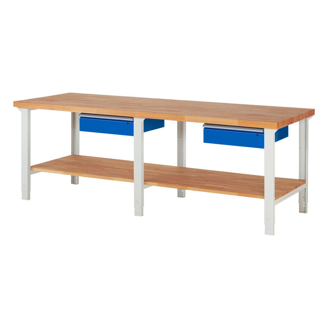 Werkbank mit Ablage - 2 Schubladen - 150:2 - höhenverstellbar 790 - 1.140 mm - 2.500 x 900 mm (BxT) - 750 kg - Buche - Anthrazitgrau