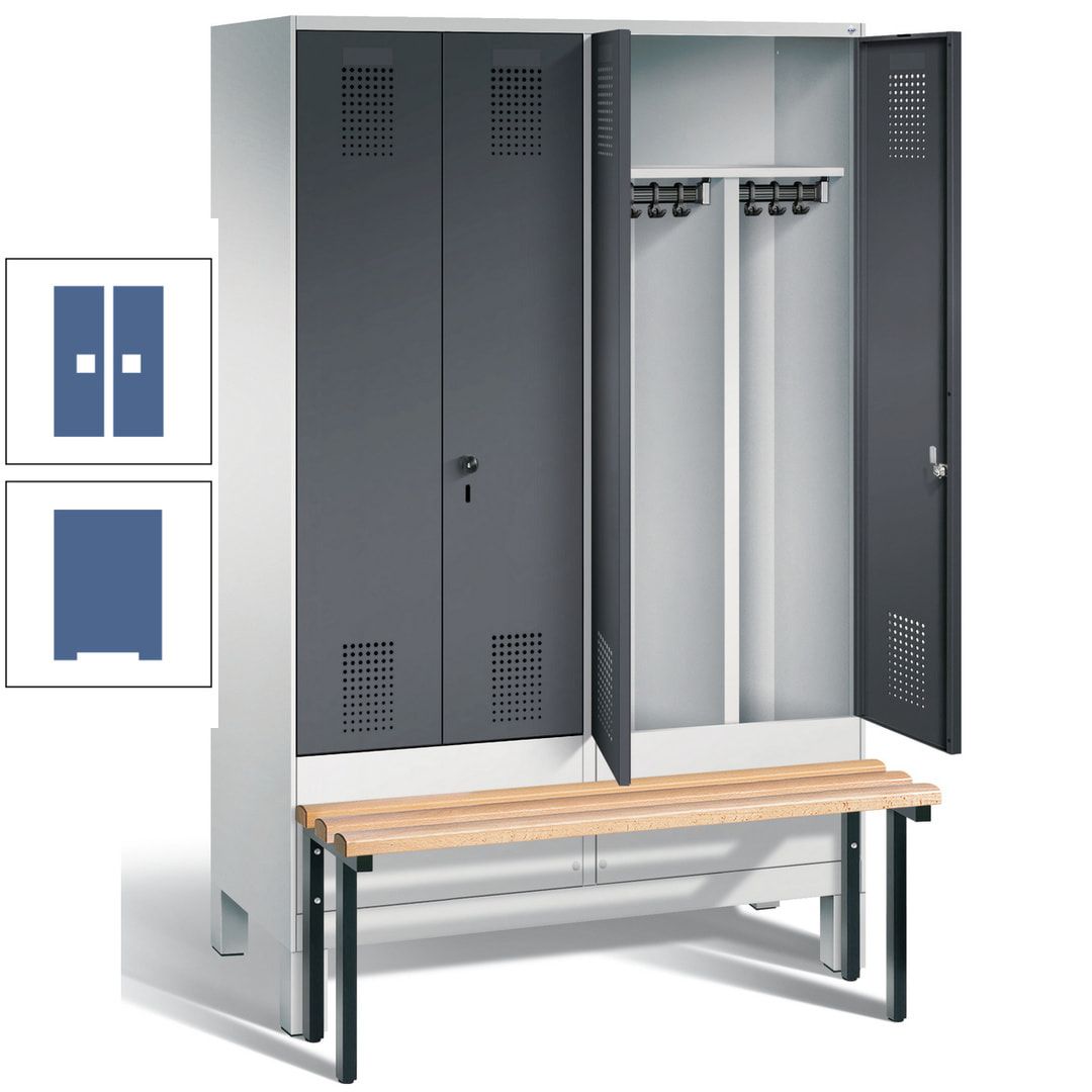Doppel-Spind, Garderobenschrank, Buche Sitzbank vorgebaut, 4 Abteile a 300 mm, Korpus feuerrot, Tür Wasserblau, 1.850 x 1.200 x 815 mm (HxBxT)