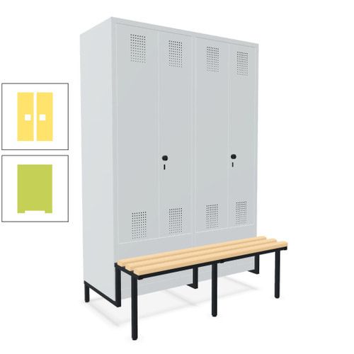 Doppel-Spind, Garderobenschrank, Buche Sitzbank integriert, 4 Abteile 300 mm, Korpus anthrazitgrau, Tür anthrazitgrau, 1.850 x 1.200 x 815 mm (HxBxT)