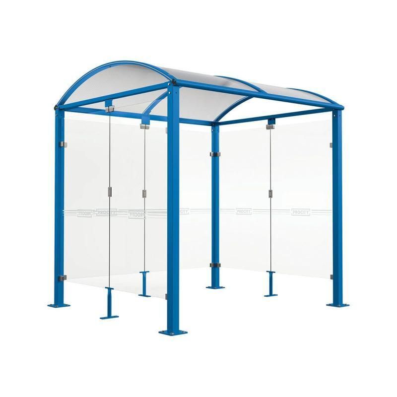 Fahrradunterstand, Fahrradüberdachung, All-in-One + Zusatz, Sicherheitsglas, 2.635 x 5.000 x 2.090 mm (HxBxT), auf Bodenplatten, Farbe enzianblau