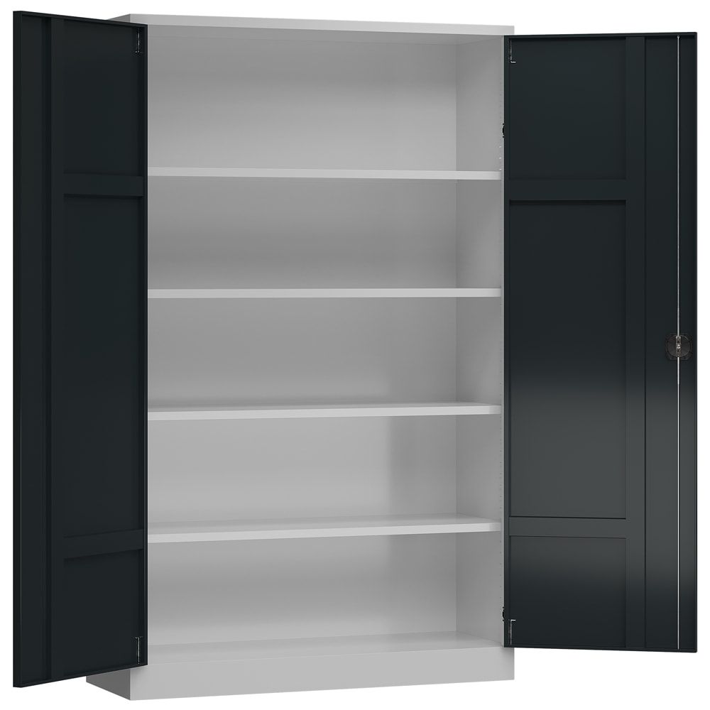 Aktenschrank, Büroschrank, abschließbar, Flügeltüren, 4 Fachböden, 1.945 x 1.200 x 420 mm (HxBxT), Stahl, Korpus und Türen lichtgrau