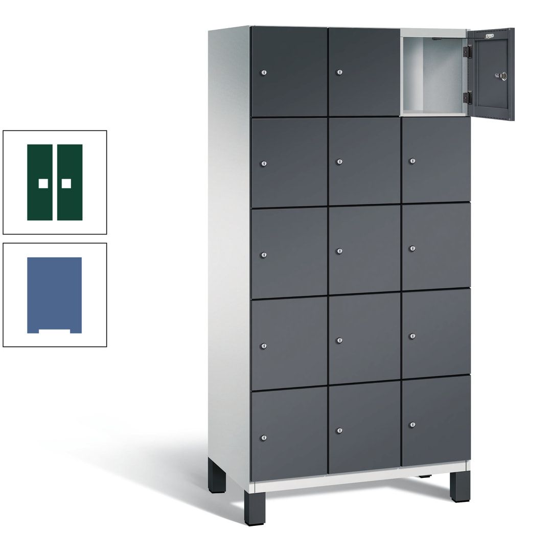 Fächerschrank, Stahlschrank, 15 Fächer, Türöffnungsbegrenzer, Füße, 1.980 x 900 x 525 mm (HxBxT), Korpus anthrazitgrau, Front anthrazitgrau