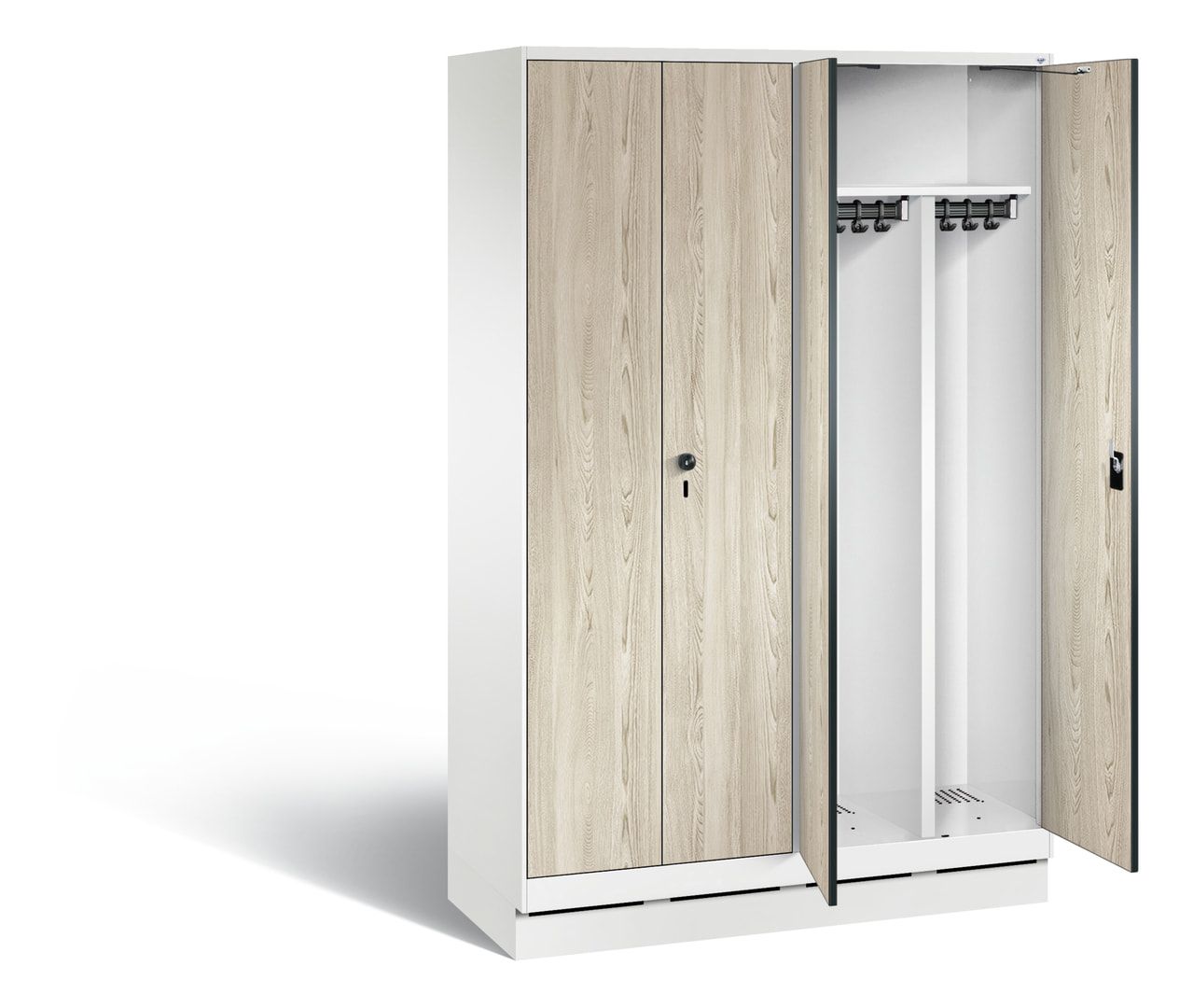 Doppel-Spind, Garderobenschrank auf Sockel, 2 Abteile a 300 mm, Korpus anthrazitgrau, Tür Dekorfront HPL Donau-Ahorn, 1.800 x 1.200 x 500 mm (HxBxT)