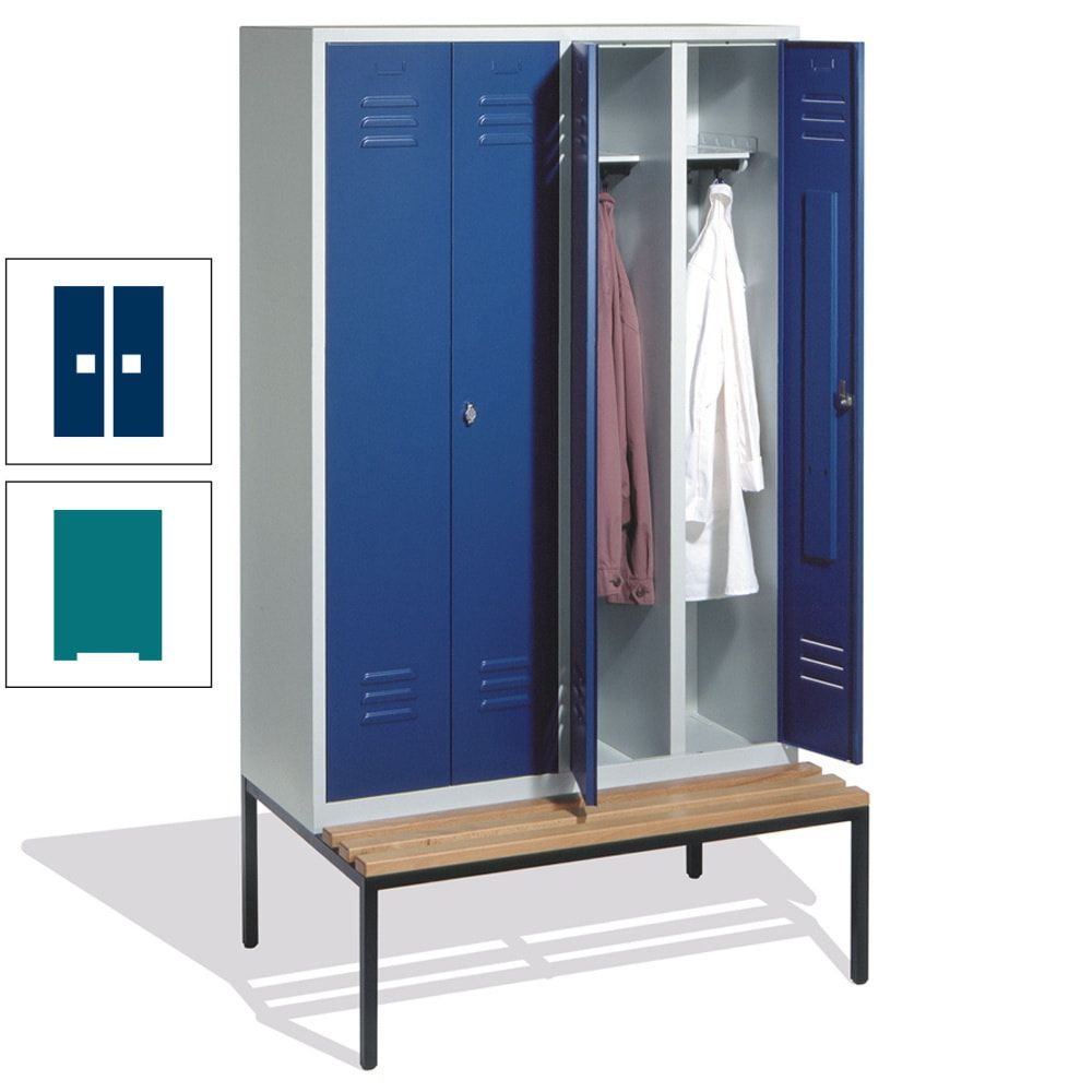 Doppel-Spindschrank, Buche Sitzbank untergebaut, 4 Abteile a 300 mm, Korpus lichtgrau, Tür anthrazitgrau, 2.090 x 1.190 x 815 mm (HxBxT)