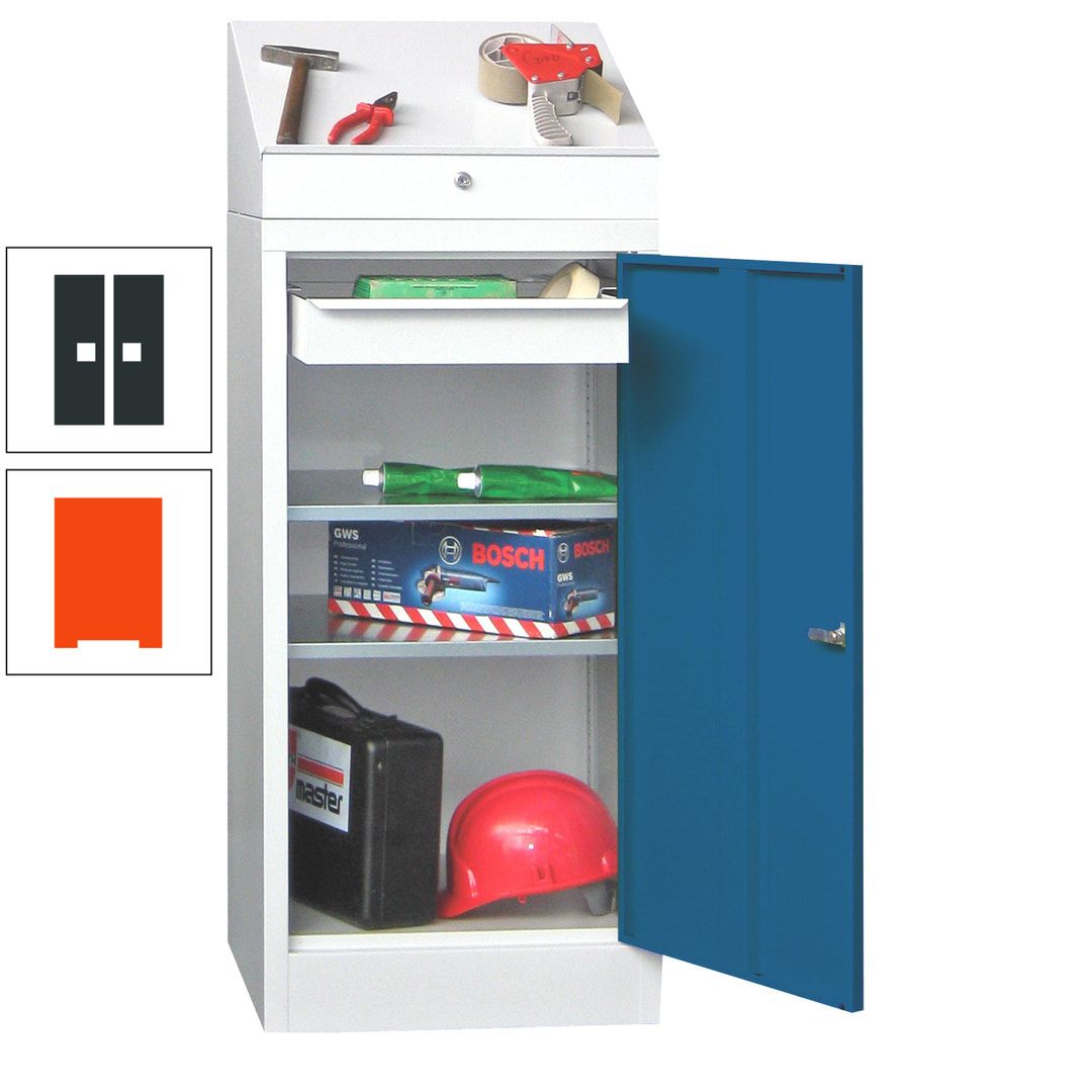 Stehpult mit Schrank - Vollblechtür - 1 Einlegeboden, 1 Ausziehboden, 1 Schublade - 1.270x500x500 mm (HxBxT) - anthrazitgrau